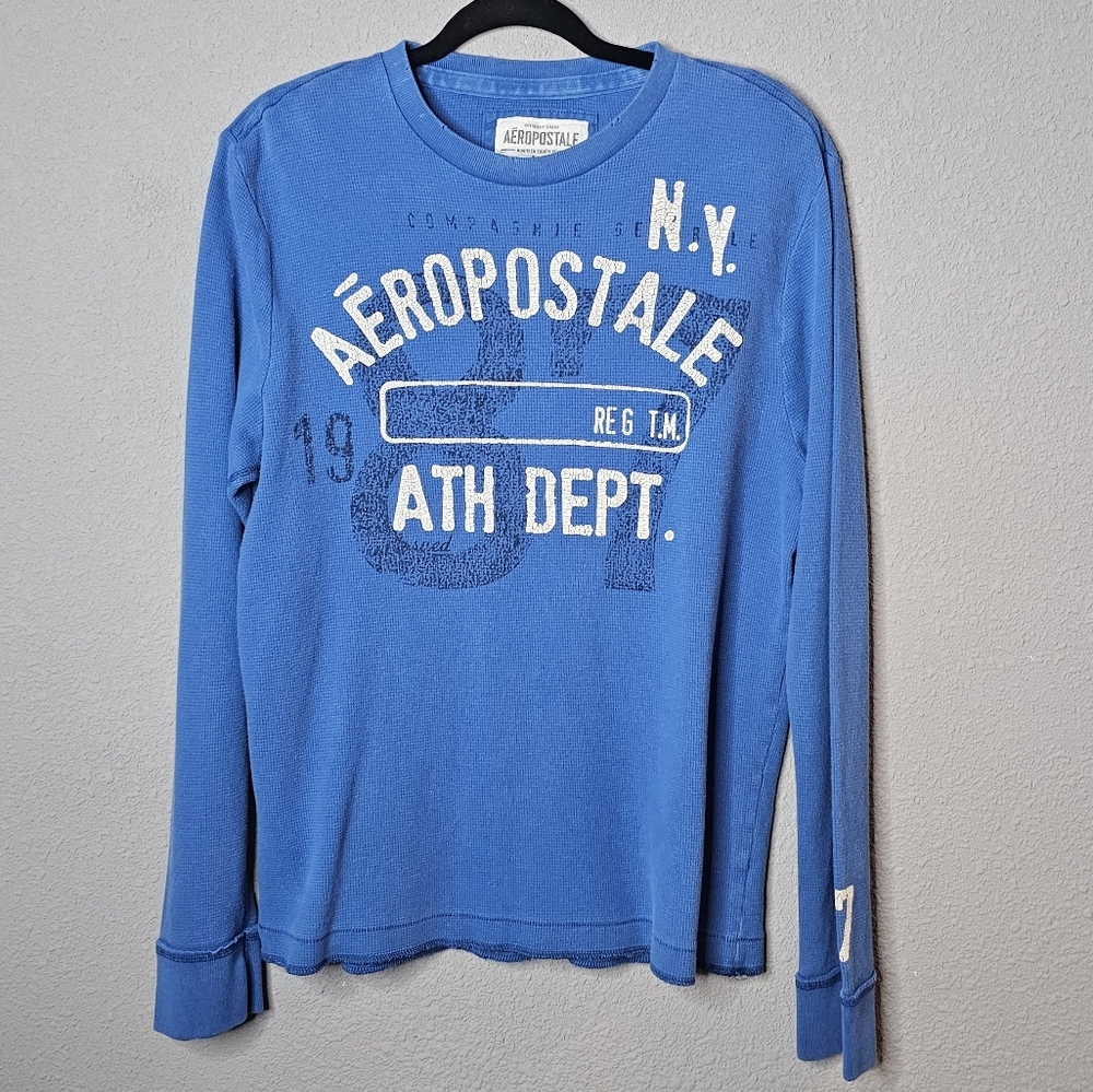 Vtg Aeropostale Mens L Blue White Thermal Long Sleeve Shirt Spellout Graphic Y2K